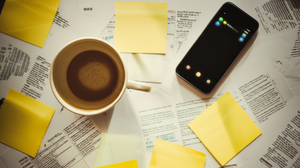 やることが多すぎて散らかったデスクのイメージ