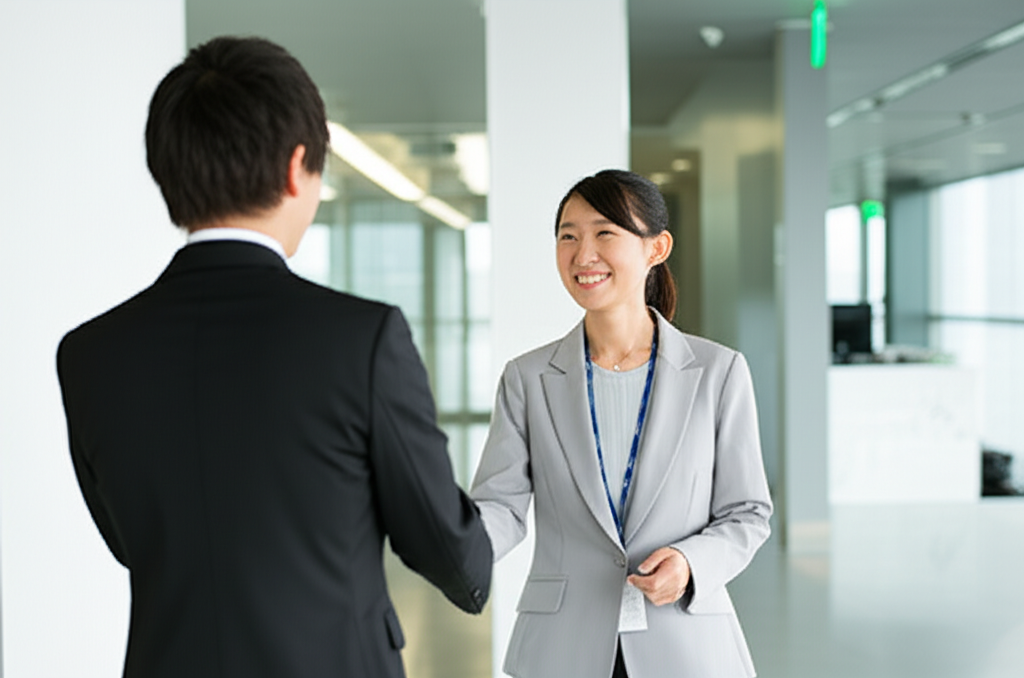 転職エージェントのオフィスで温かく迎えられる相談者