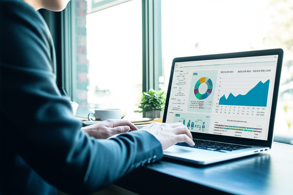 カフェで自分の市場価値を調べるビジネスパーソン